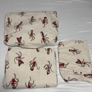 The Vermont Country Store Sock Monkey Twin Size Flannel Sheets & Pillow Case VTG